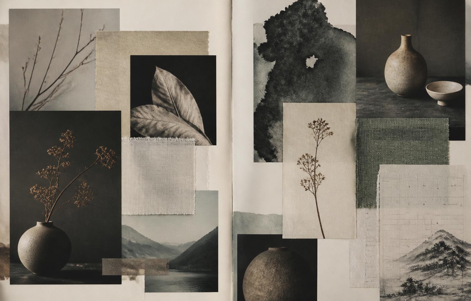 A magazine-style collage spread of botanicals, fabric swatches, ink wash, ceramic vessels.