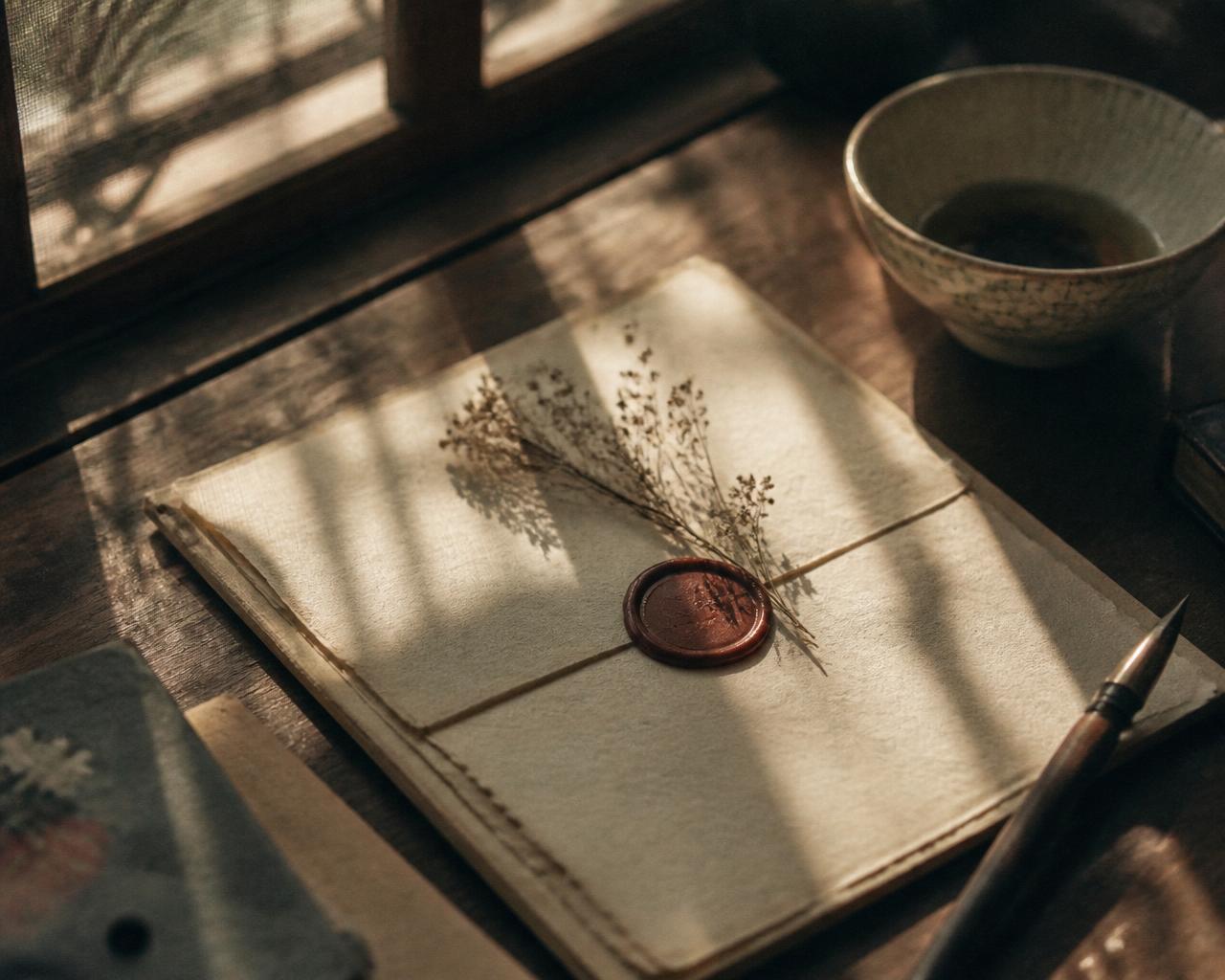 A handwritten letter sealed with wax, dried sprig, soft window light.
