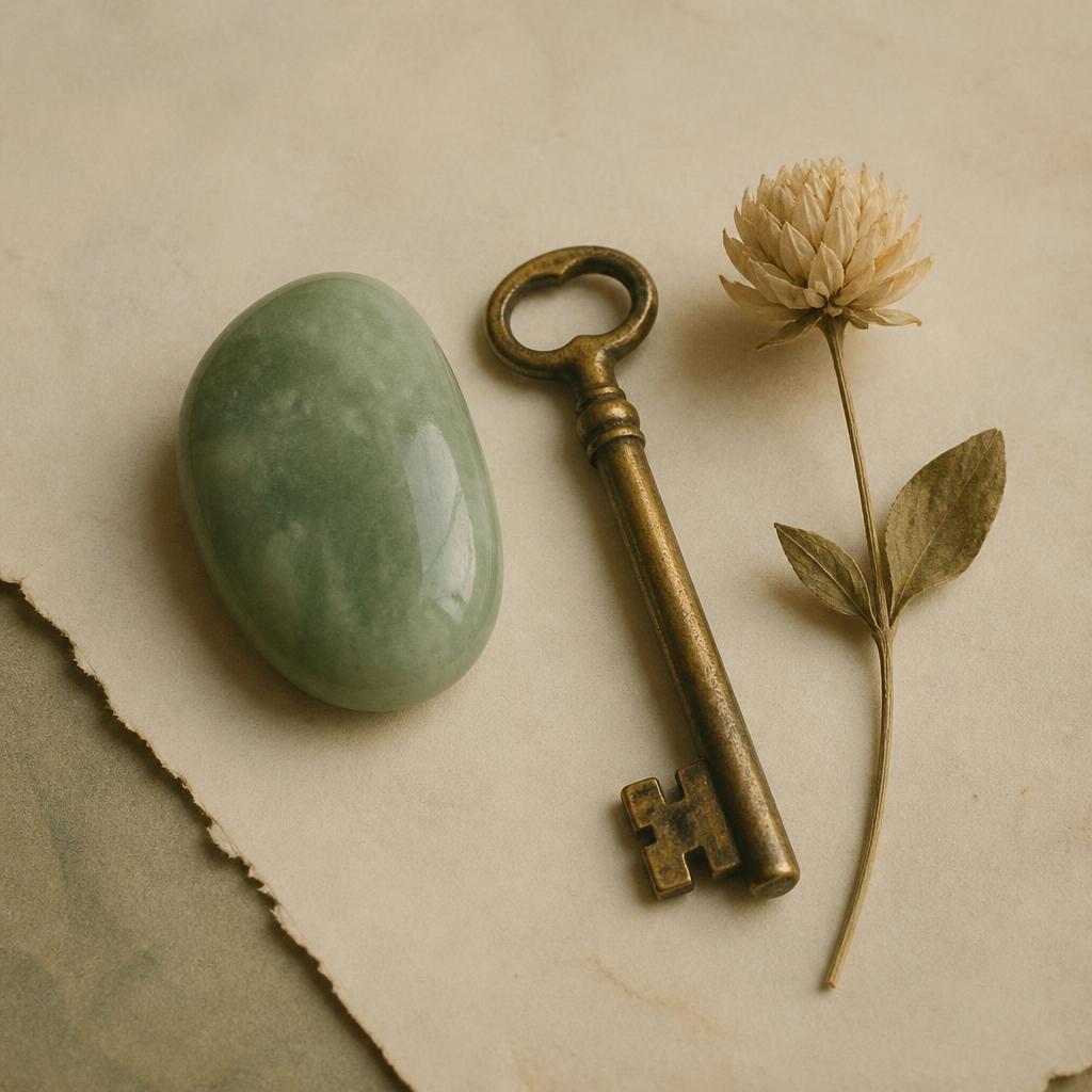 Jade stone, brass key, dried flower on aged paper.