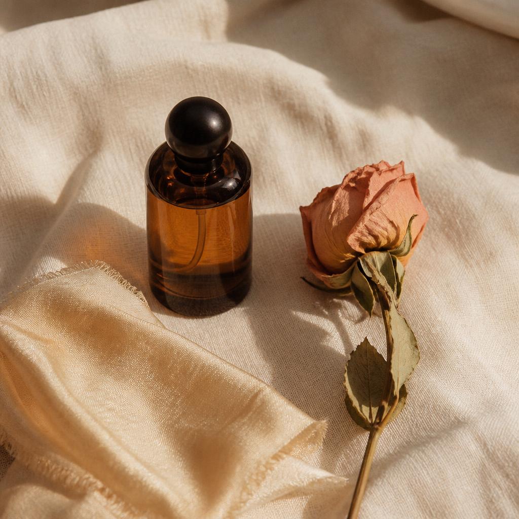 Amber perfume bottle, dried rose, raw silk on linen.